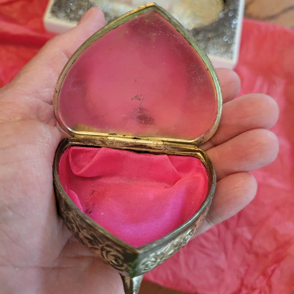 Vintage Indiana Heart Shaped Jewelry Box ~ Silvertone ~ 1960s ~